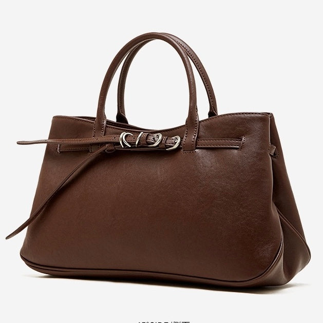 Retro Genuine Leather Crossbody Bag with Signature Ring-Buckle Strap