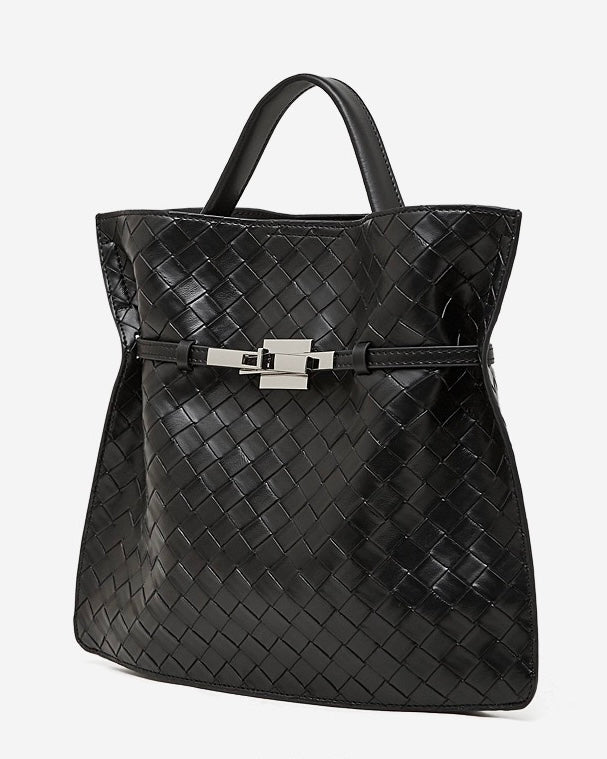 Women's Noir Woven Leather Buckle Tote Bag