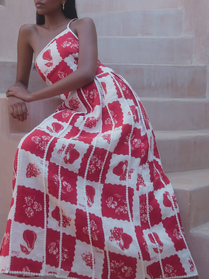 Unique Printed Floral Trim One Shoulder Flared Maxi Dress