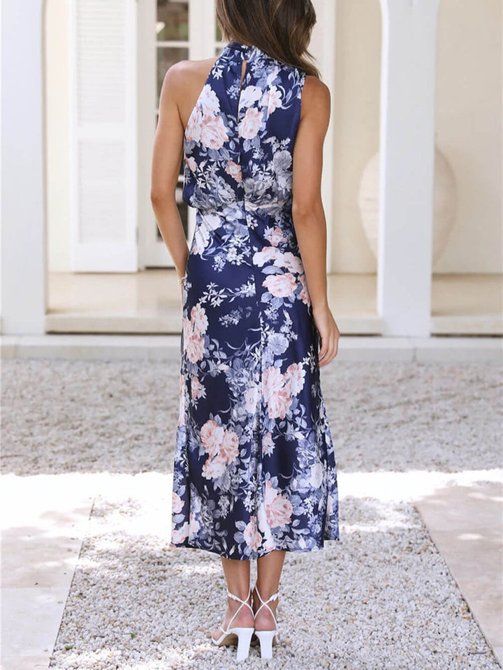 Halter Neck Floral Elastic Waist Maxi Dress