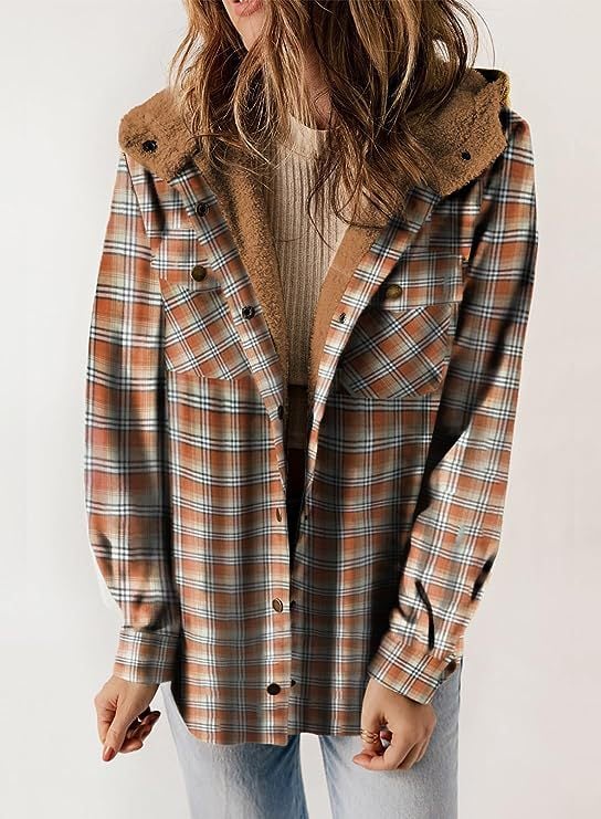Women's Autumn/Winter Plaid Jacket Long Sleeve Buckle Hooded Jacket Warm Coat