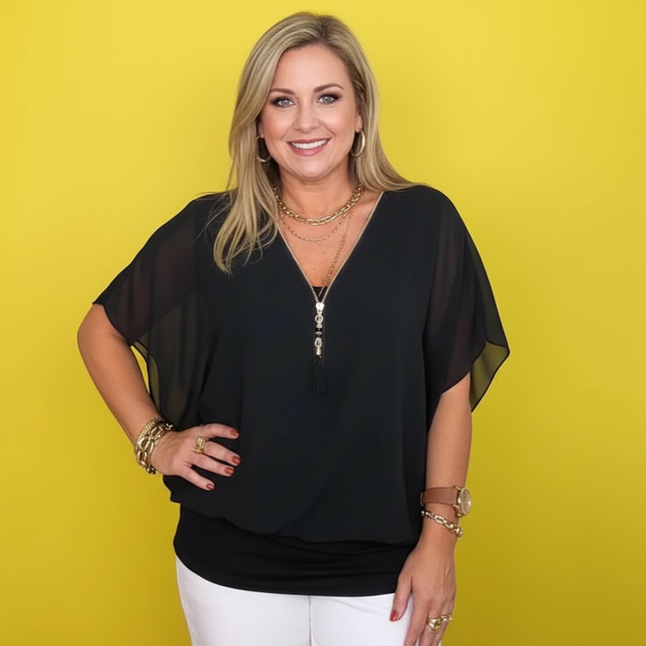 Women's Chiffon Zip-up Neck Casual Top