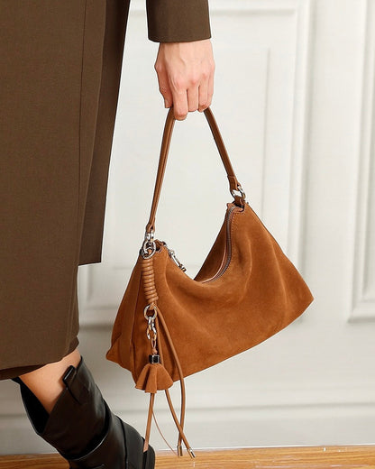 Suede Luxe Hobo Bag with Braided Detail & Tassel Accent