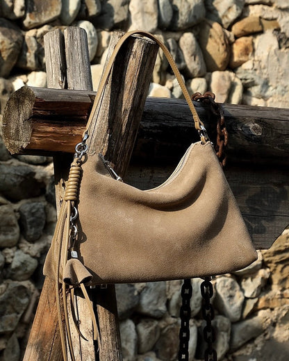 Suede Luxe Hobo Bag with Braided Detail & Tassel Accent