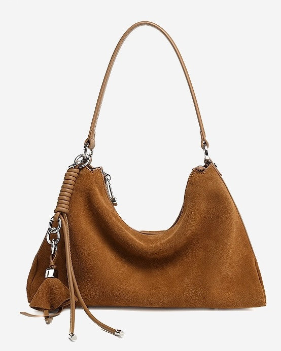 Suede Luxe Hobo Bag with Braided Detail & Tassel Accent