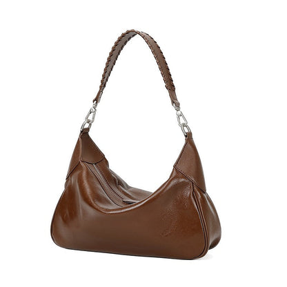 Braided-Handle Genuine Saddle Leather Hobo Bag
