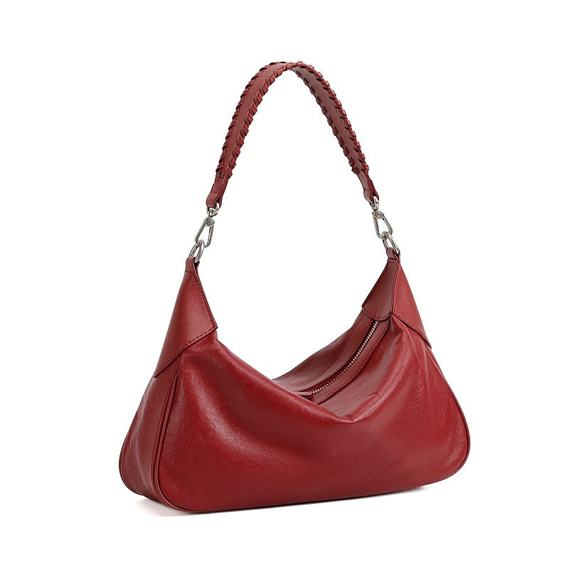 Braided-Handle Genuine Saddle Leather Hobo Bag