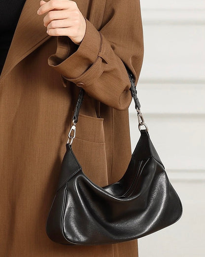 Braided-Handle Genuine Saddle Leather Hobo Bag