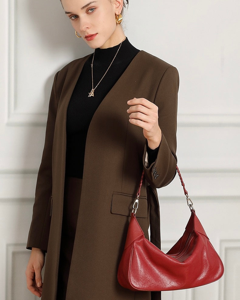 Braided-Handle Genuine Saddle Leather Hobo Bag