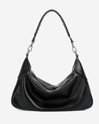 Braided-Handle Genuine Saddle Leather Hobo Bag
