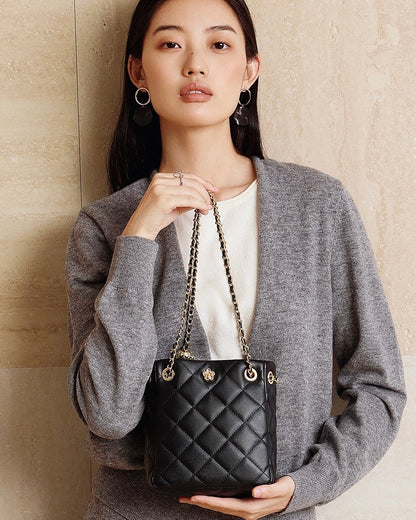 Genuine Leather Quilted Chain-Embellished Crossbody Bag