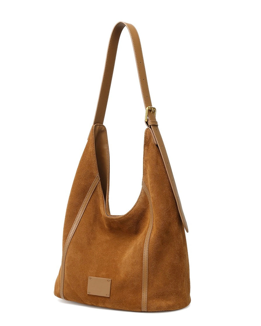 Women's Suede Structured Hobo Bag with Contrast Stitching