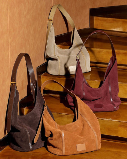 Women's Suede Structured Hobo Bag with Contrast Stitching