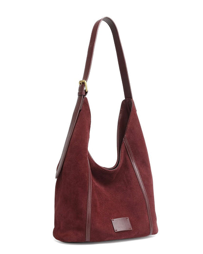 Women's Suede Structured Hobo Bag with Contrast Stitching