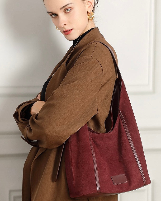 Women's Suede Structured Hobo Bag with Contrast Stitching