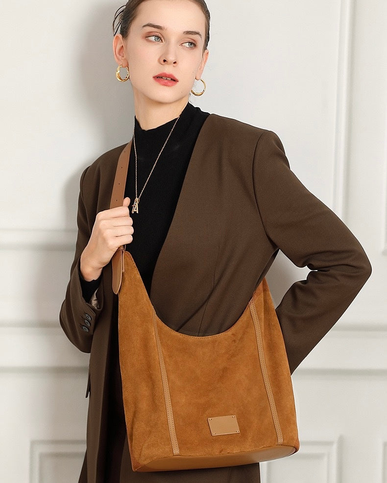 Women's Suede Structured Hobo Bag with Contrast Stitching