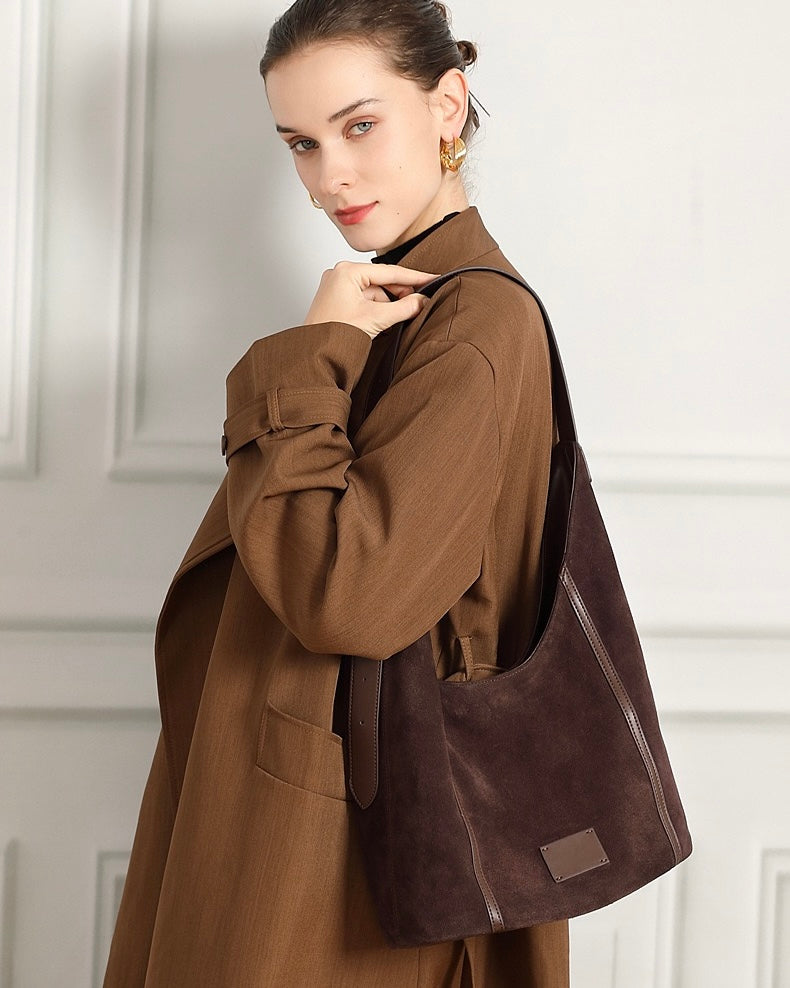 Women's Suede Structured Hobo Bag with Contrast Stitching