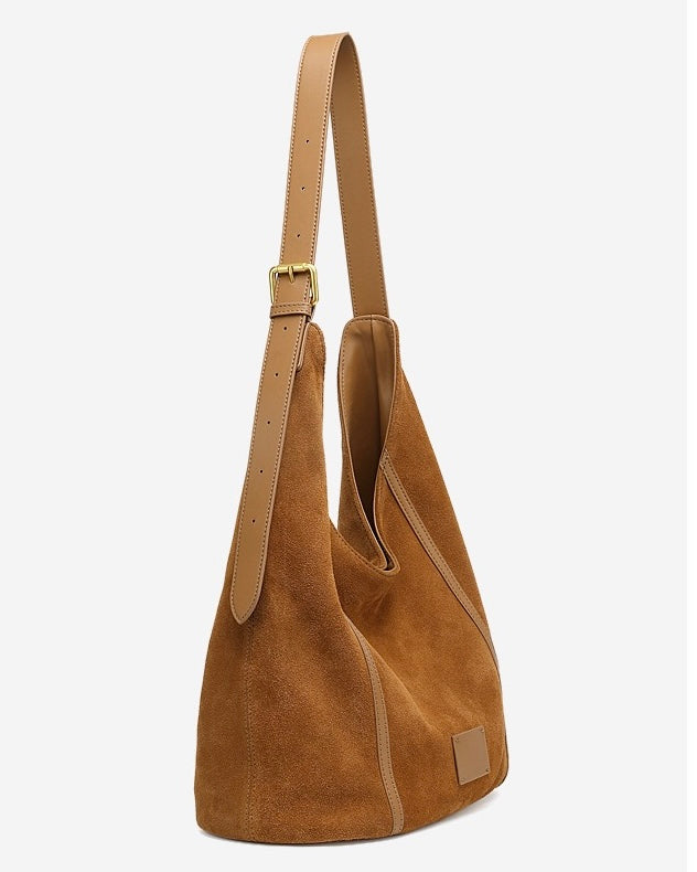 Women's Suede Structured Hobo Bag with Contrast Stitching