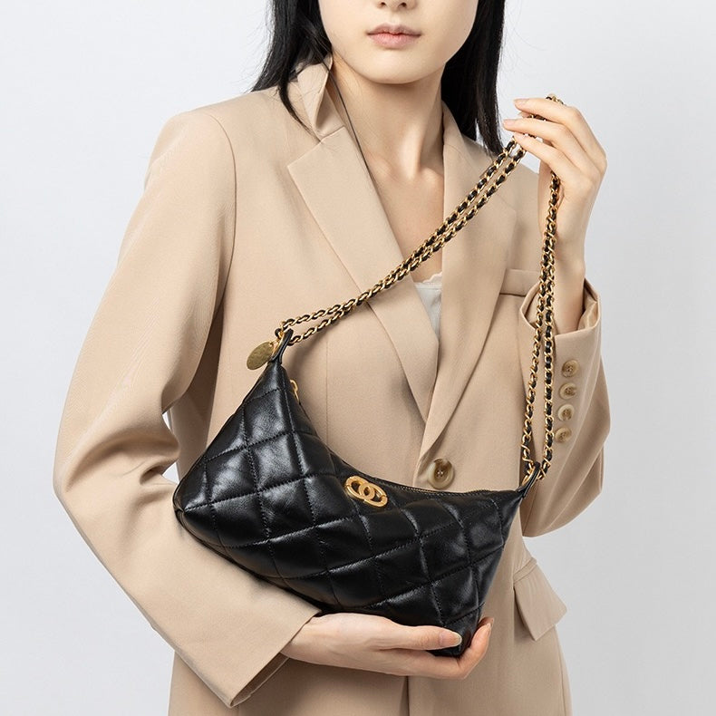 Noir Quilted Sheepskin Dual-Tone Chain Shoulder Bag