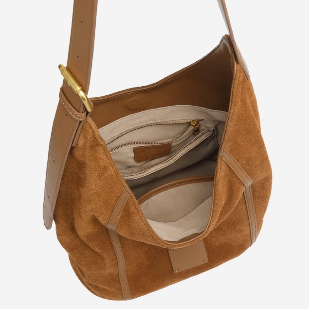 Women's Suede Structured Hobo Bag with Contrast Stitching