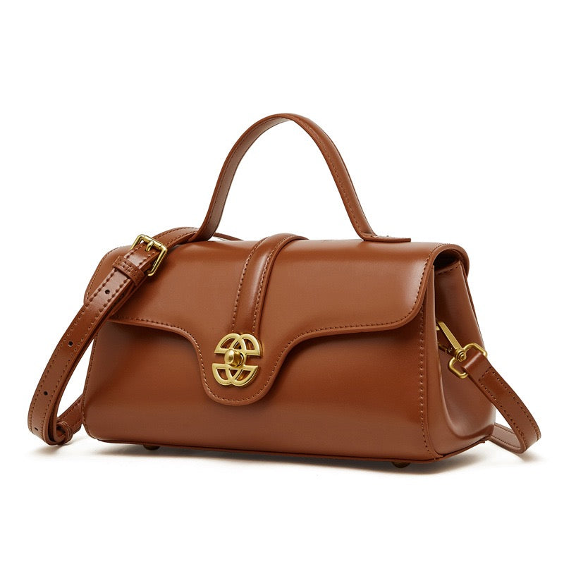 Women's Genuine Leather Top-Handle Bag with Signature Gilded Lock Closure