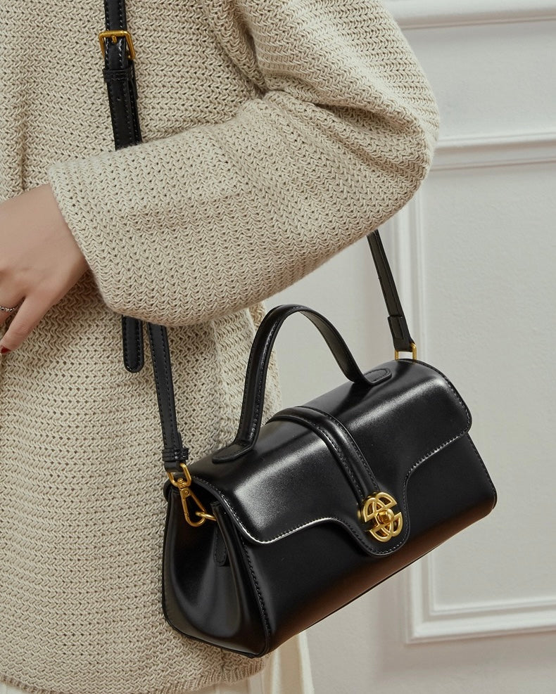 Women's Genuine Leather Top-Handle Bag with Signature Gilded Lock Closure