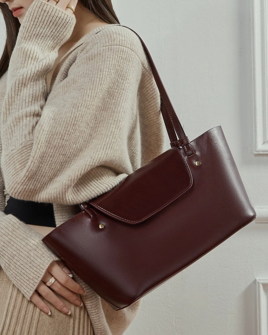 Women's Genuine Leather Flap Tote with Convertible Straps