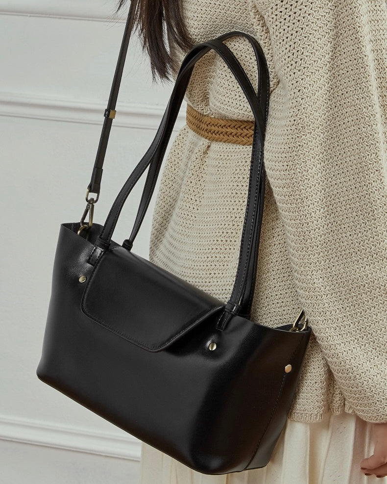 Women's Genuine Leather Flap Tote with Convertible Straps