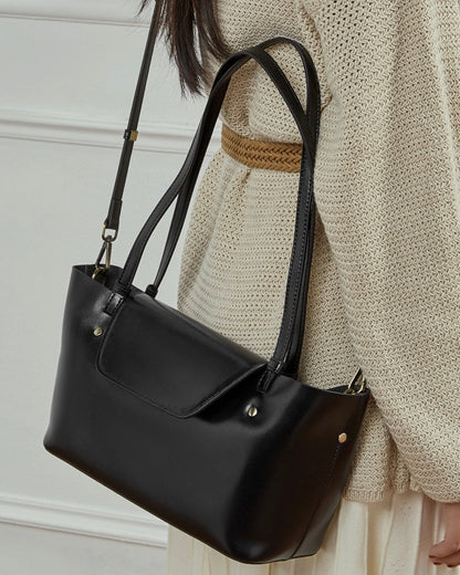 Women's Genuine Leather Flap Tote with Convertible Straps