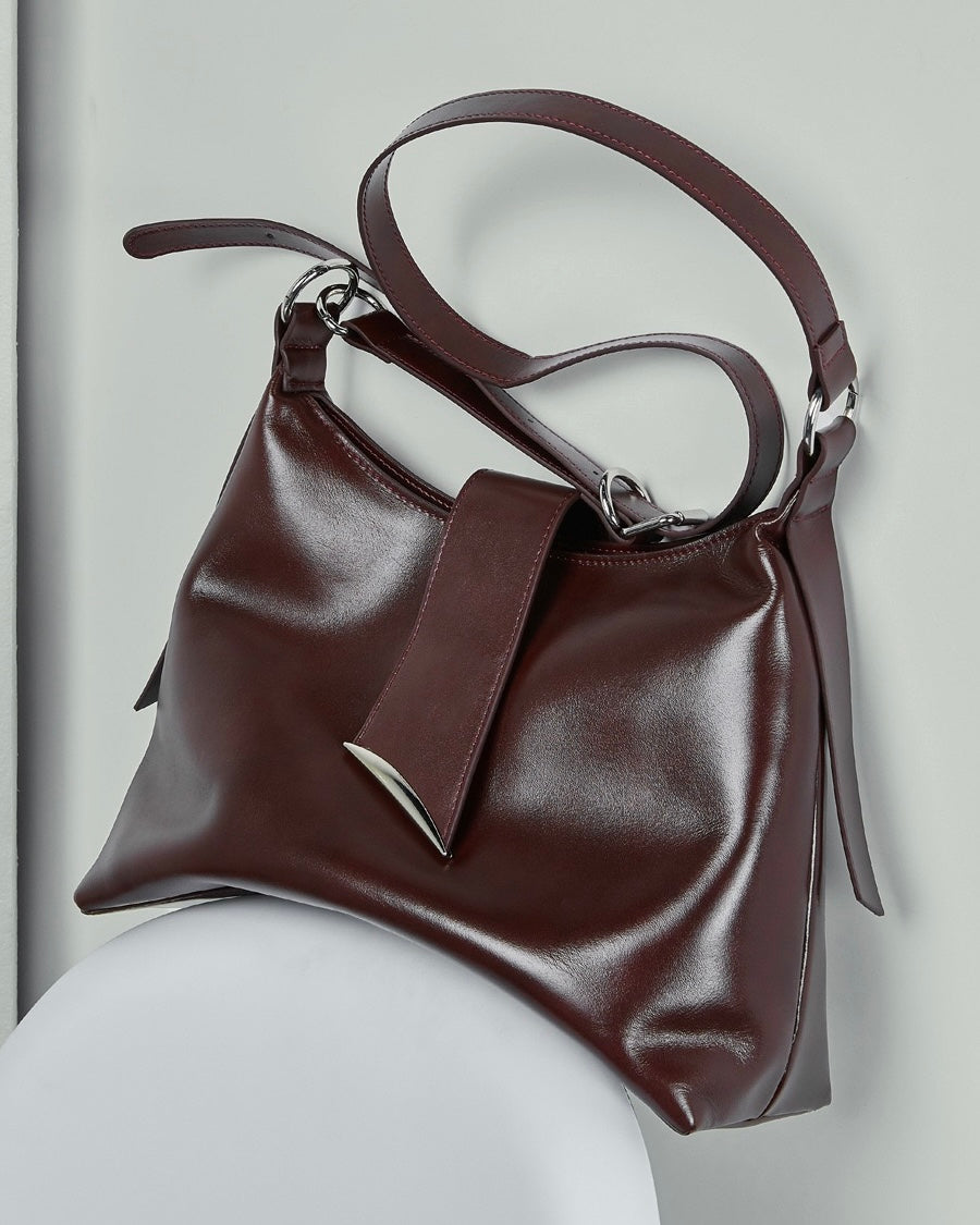 Smooth Leather Hobo Bag with Architectural Hardware & Adjustable Strap