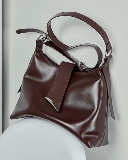 Smooth Leather Hobo Bag with Architectural Hardware & Adjustable Strap