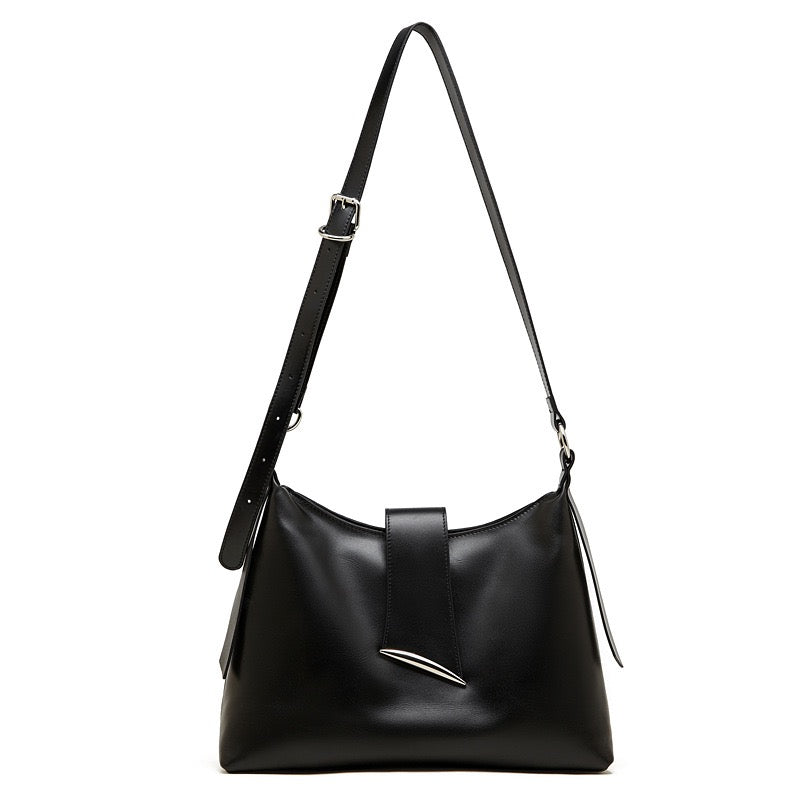 Smooth Leather Hobo Bag with Architectural Hardware & Adjustable Strap