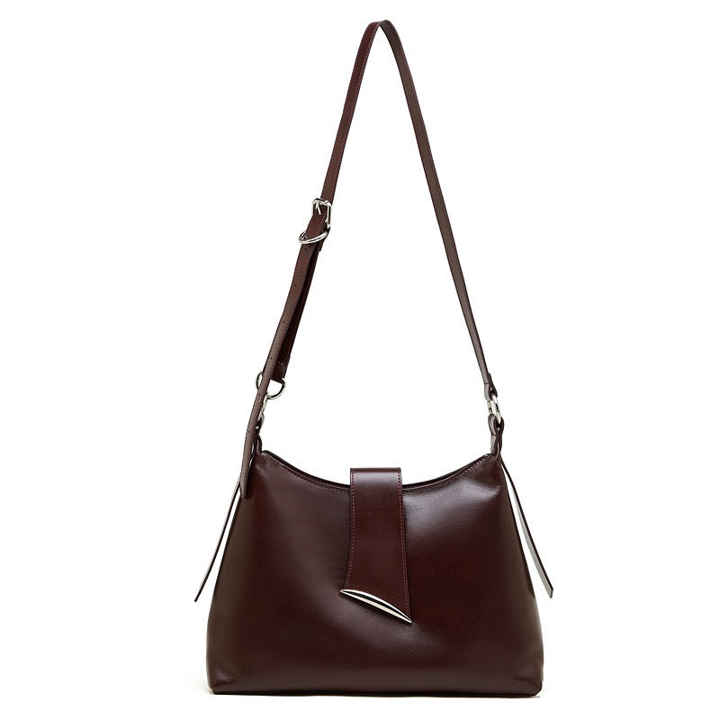 Smooth Leather Hobo Bag with Architectural Hardware & Adjustable Strap
