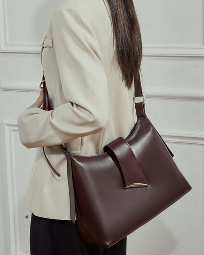Smooth Leather Hobo Bag with Architectural Hardware & Adjustable Strap