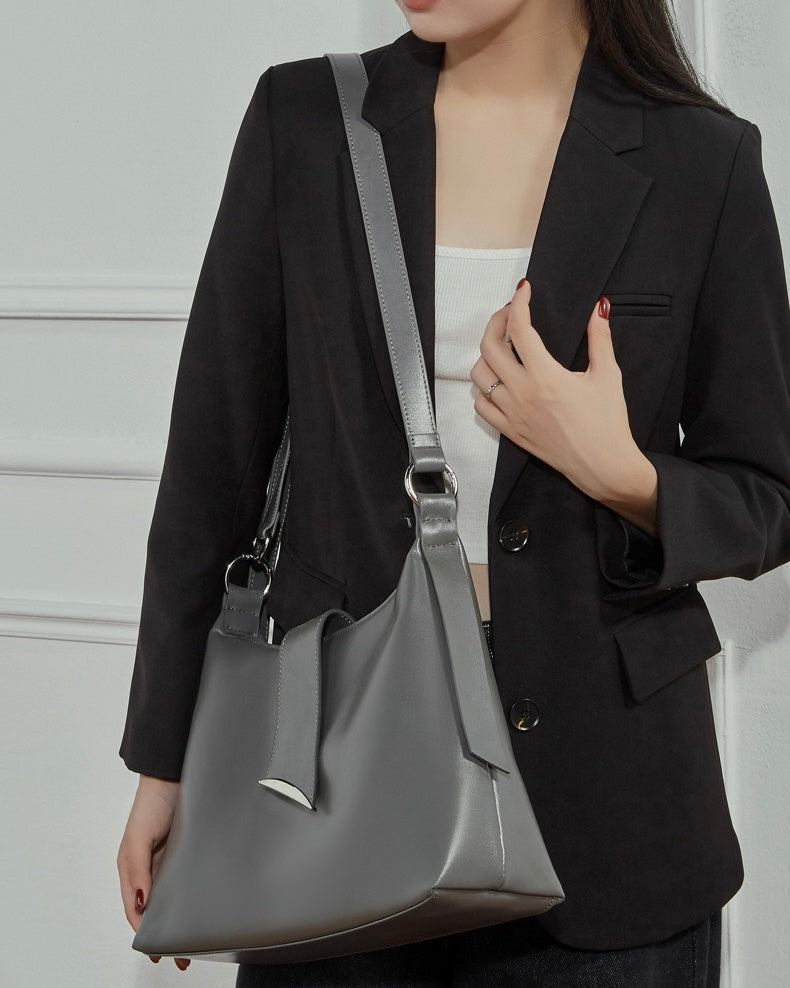 Smooth Leather Hobo Bag with Architectural Hardware & Adjustable Strap