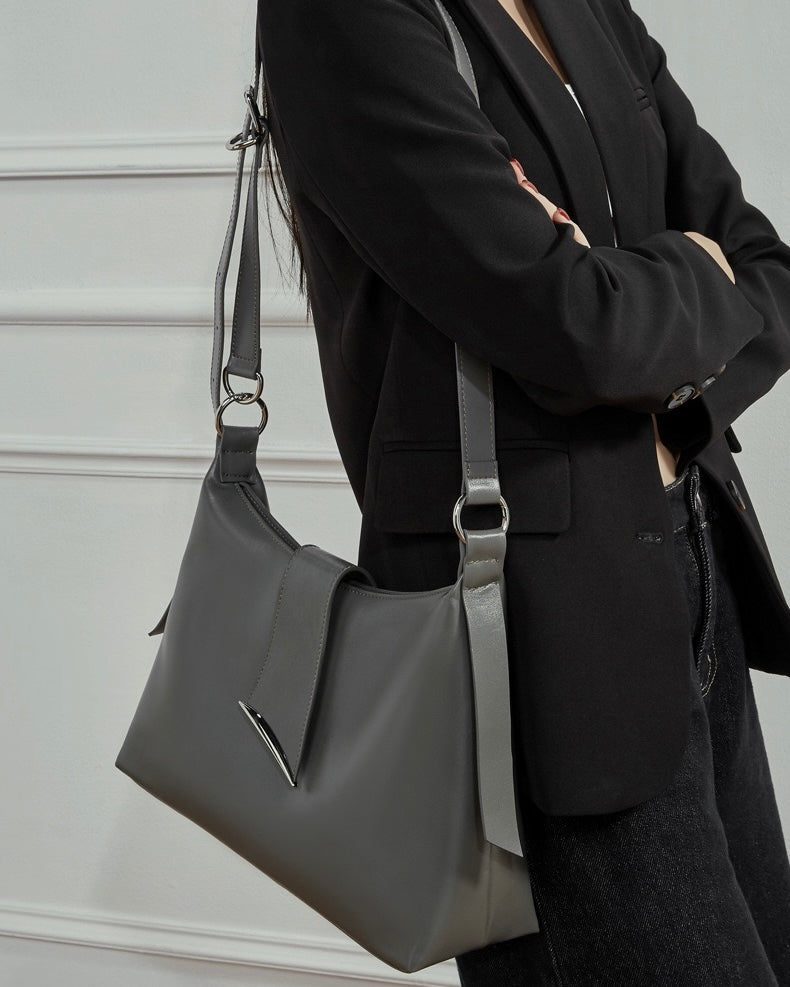 Smooth Leather Hobo Bag with Architectural Hardware & Adjustable Strap