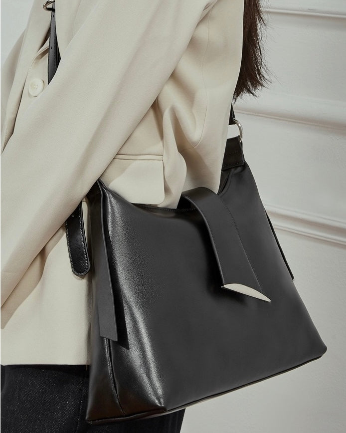 Smooth Leather Hobo Bag with Architectural Hardware & Adjustable Strap