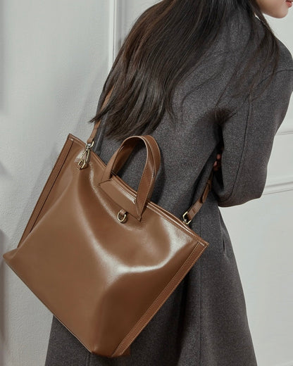 Women's Timeless Hazelnut Leather Tote with Metal Accents