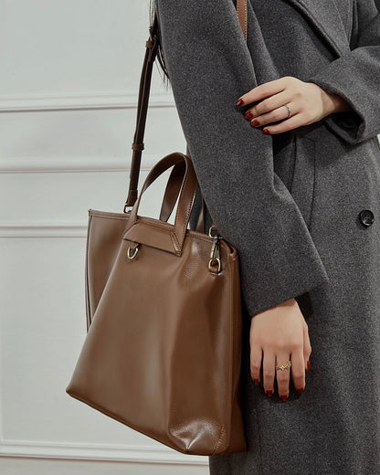 Women's Timeless Hazelnut Leather Tote with Metal Accents