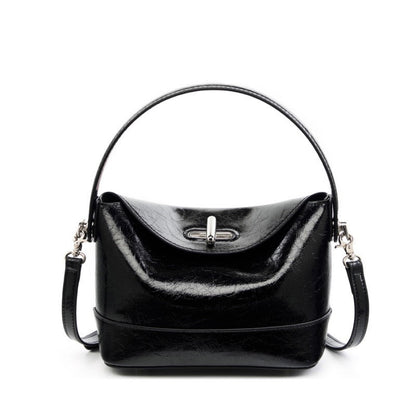 Women’s Genuine Leather Mini Bucket Shoulder Bag – Chic Turn-Lock Crossbody