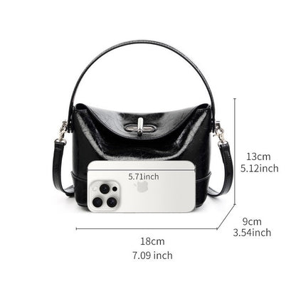 Women’s Genuine Leather Mini Bucket Shoulder Bag – Chic Turn-Lock Crossbody