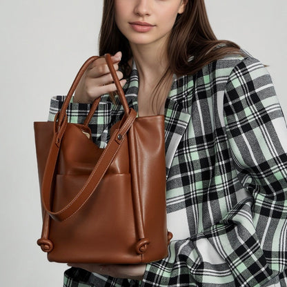 Women's Camel Knot-Detail Genuine Leather Bucket Bag