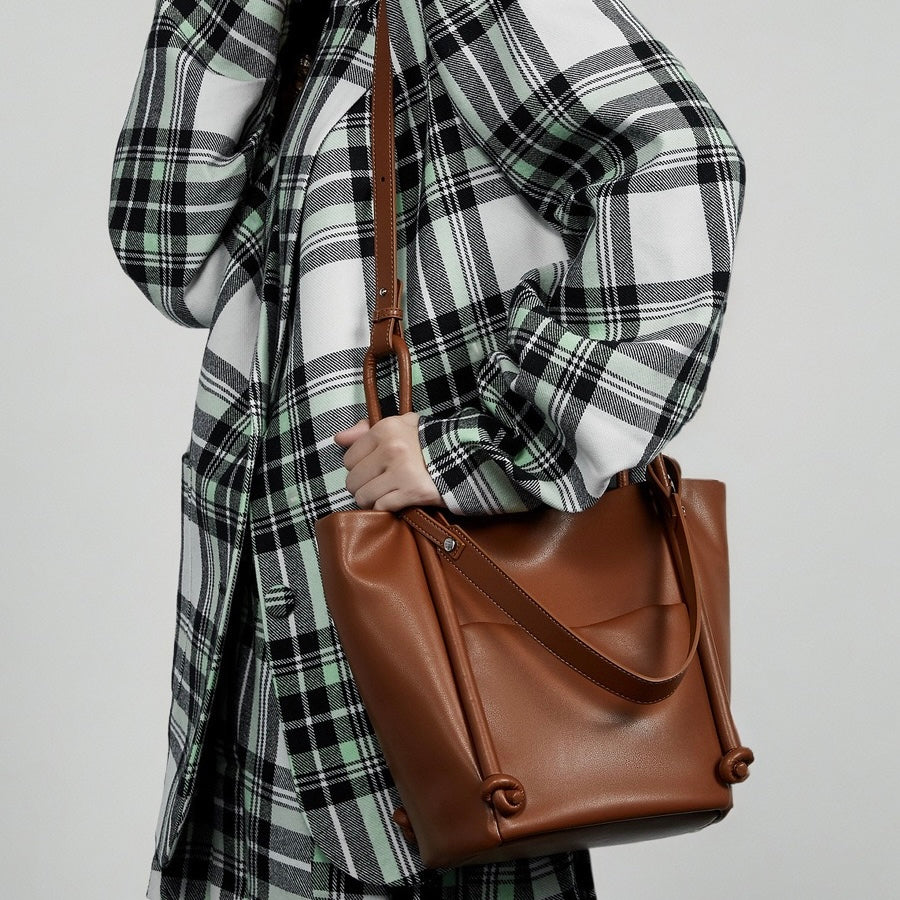 Women's Camel Knot-Detail Genuine Leather Bucket Bag