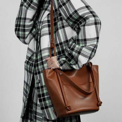 Women's Camel Knot-Detail Genuine Leather Bucket Bag