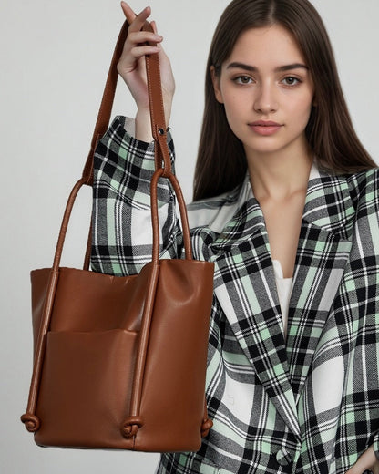 Women's Camel Knot-Detail Genuine Leather Bucket Bag