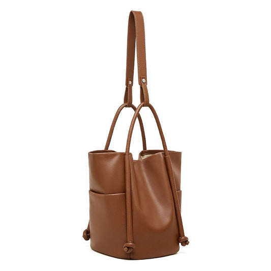 Women's Camel Knot-Detail Genuine Leather Bucket Bag