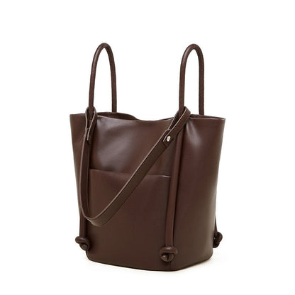 Women's Camel Knot-Detail Genuine Leather Bucket Bag