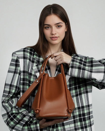 Women's Camel Knot-Detail Genuine Leather Bucket Bag