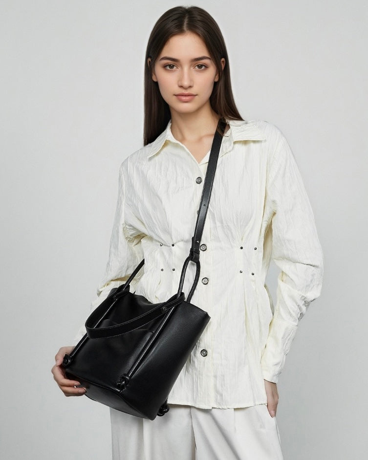 Women's Camel Knot-Detail Genuine Leather Bucket Bag