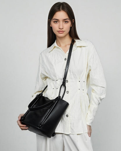 Women's Camel Knot-Detail Genuine Leather Bucket Bag